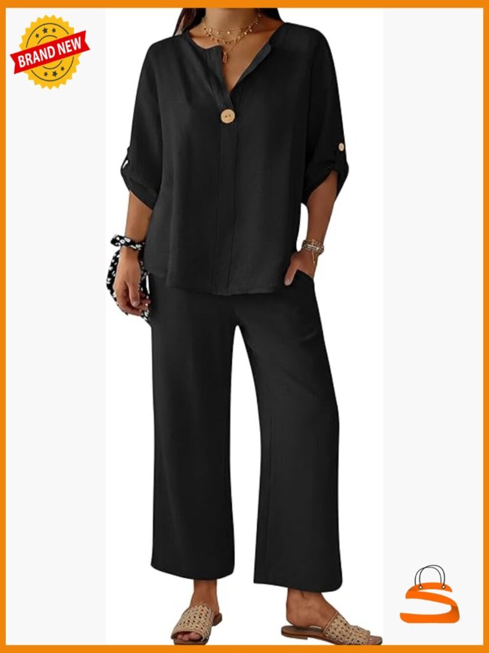 3/4 Sleeve V Neck Top Wide Leg Palazzo Pants Set Lounge Travel Outfit